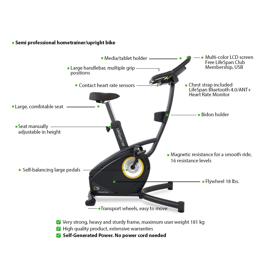 LifeSpan Fitness Light-Commercial Hometrainer Upright Bike C5i Self-Generating